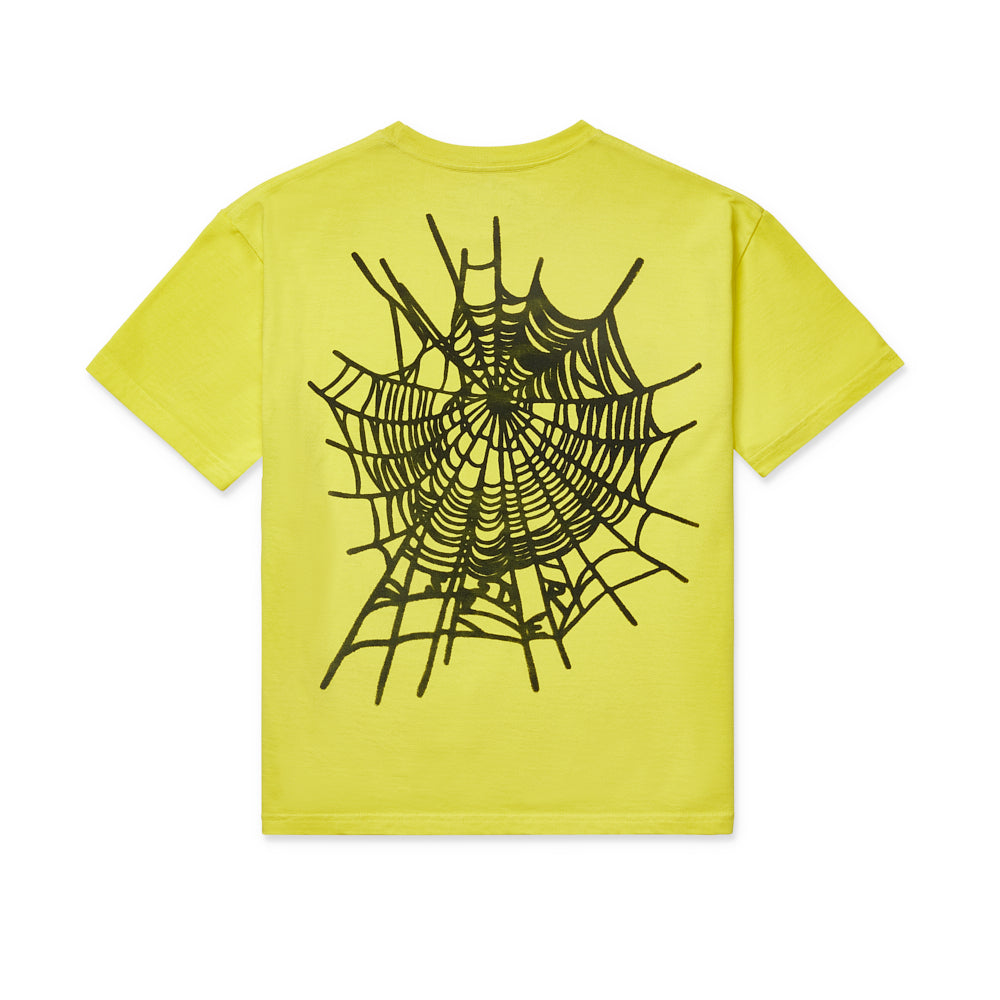Back of a yellow cotton tee with a large black spider web graphic print.