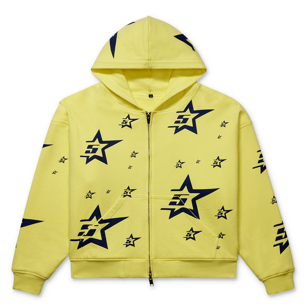 Yellow 100% cotton double-layer zip hoodie with all-over navy 5-star print, elasticized hem/cuffs, and patch pockets.