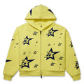 Yellow 100% cotton double-layer zip hoodie with all-over navy 5-star print, elasticized hem/cuffs, and patch pockets.