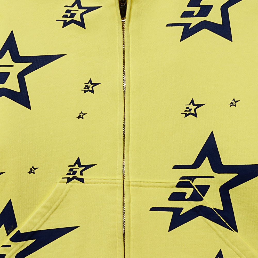 Yellow 100% cotton zip hoodie with AOP 5-star print, patch pockets, and elasticized hem.