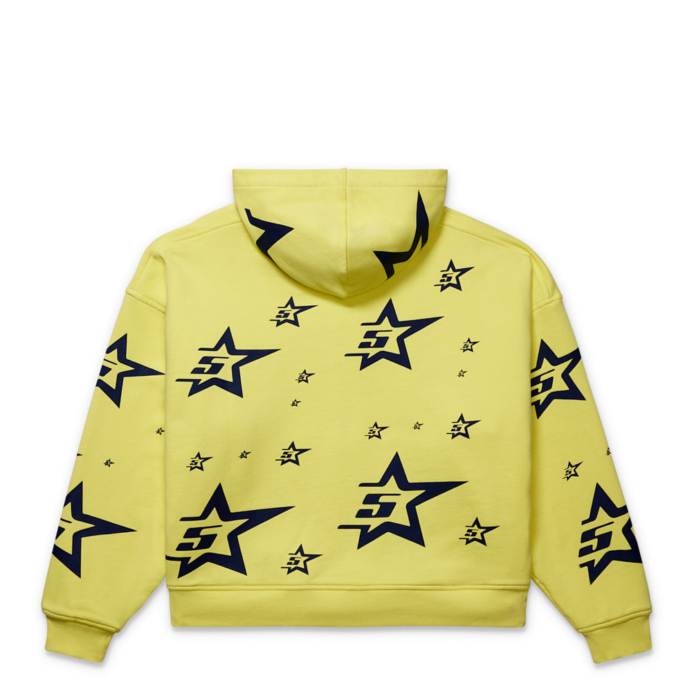Yellow 100% cotton double layer zip hoodie with all-over 5-star print, elasticized hem and cuffs.