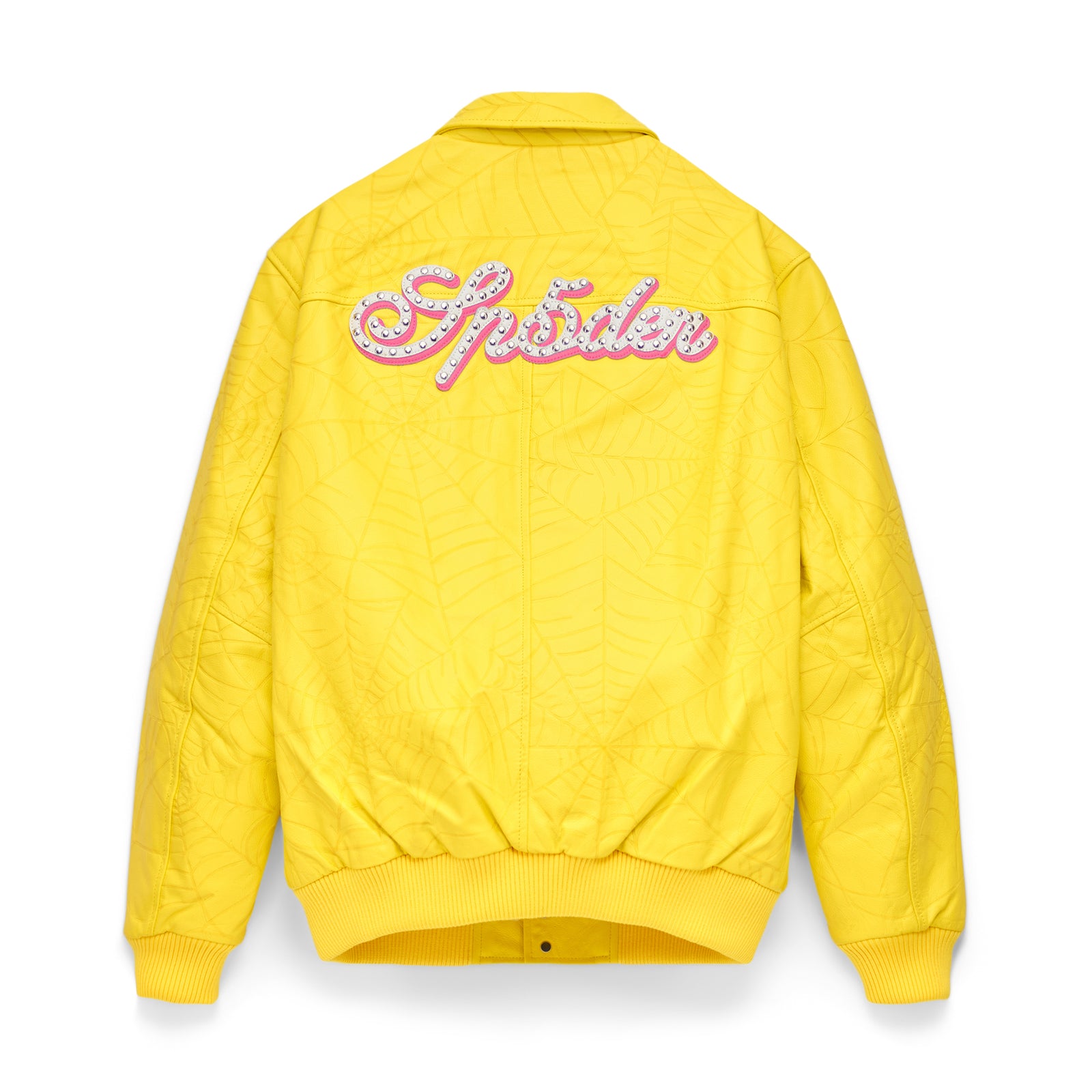 Yellow cowskin leather jacket with debossed web design and studded "Sp5der" text on the back.