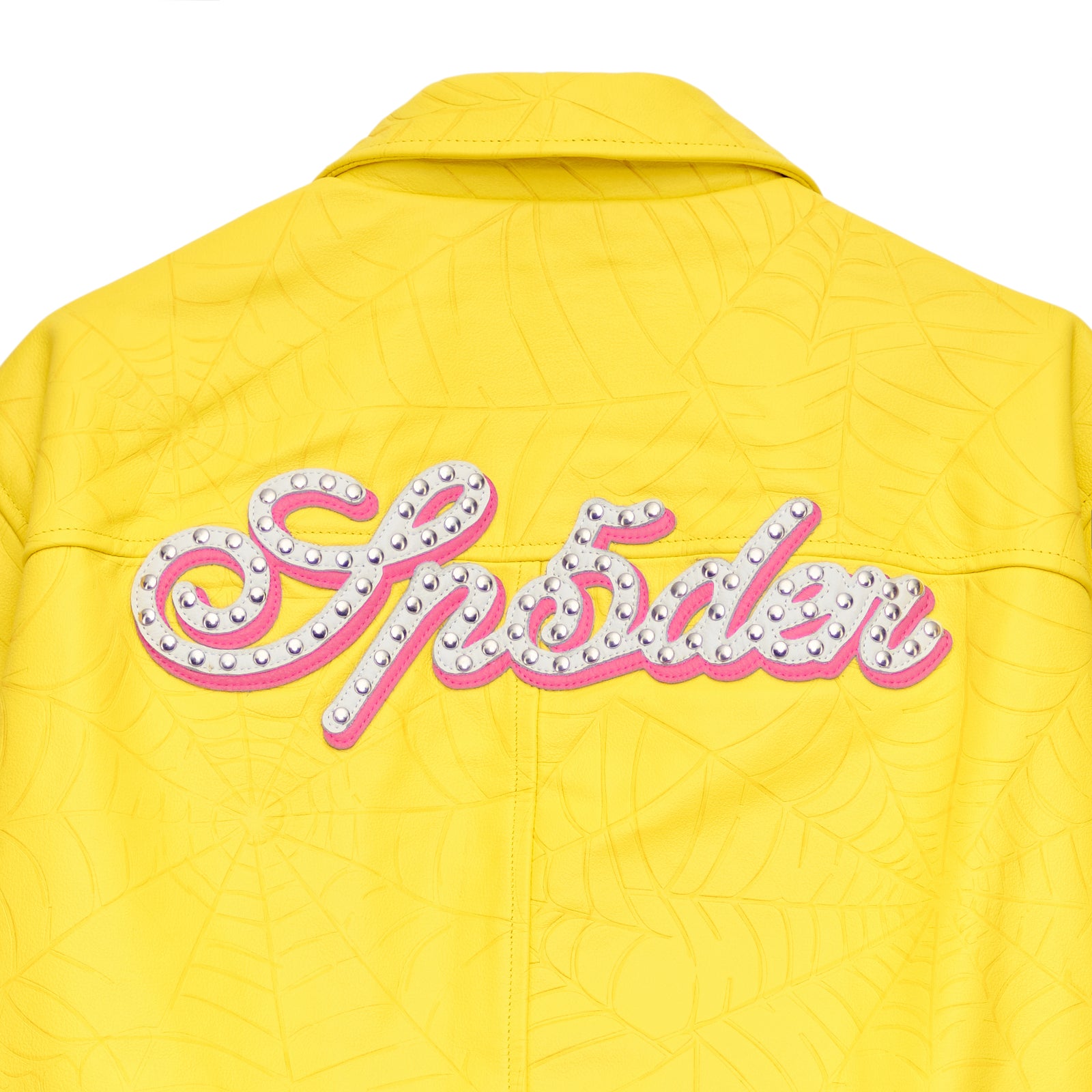 Yellow cowskin leather jacket with debossed web design and studded "Sp5der" text on the back.
