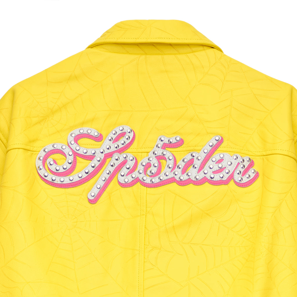 Yellow cowskin leather jacket with debossed web design and studded "Sp5der" text on the back.