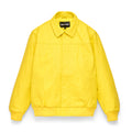 Yellow cowskin leather jacket with debossed web design, spread collar, and press-stud closure.