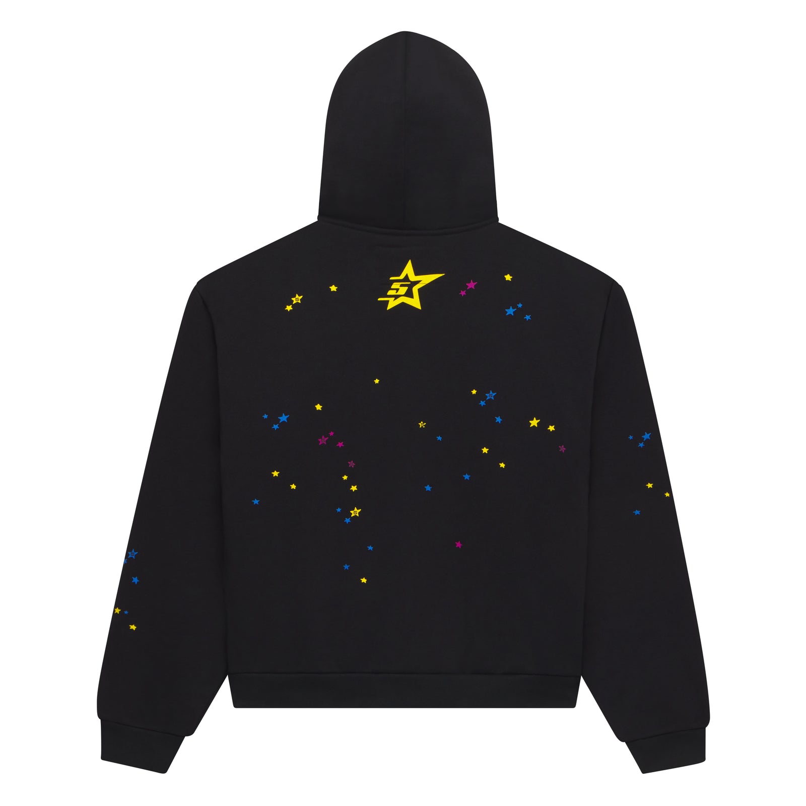 Black PUNK V2 zip-up hoodie with yellow star logo and scattered blue, pink, yellow stars.