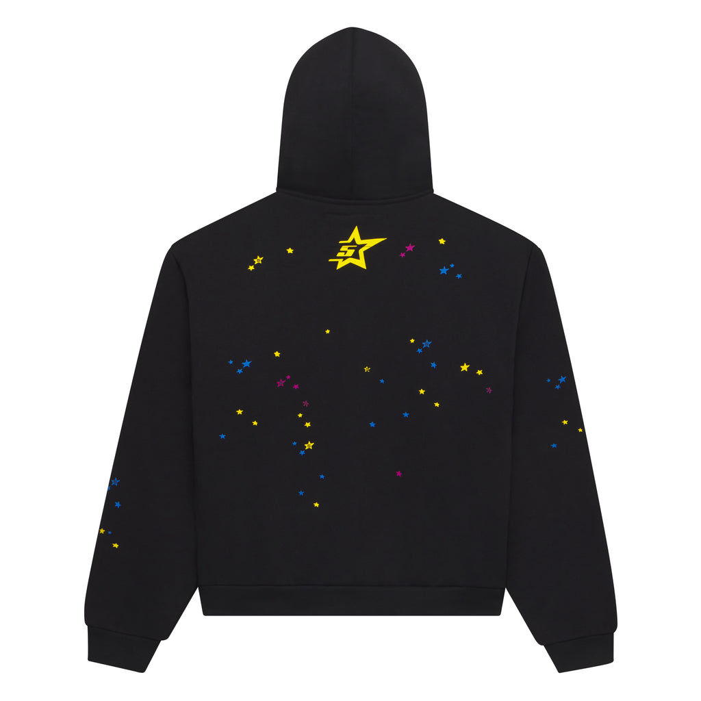 Black PUNK V2 zip-up hoodie with yellow star logo and scattered blue, pink, yellow stars.