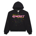 Black PUNK V2 zip-up hoodie with pink puff print "spxder!" text, spiderweb, and scattered stars.