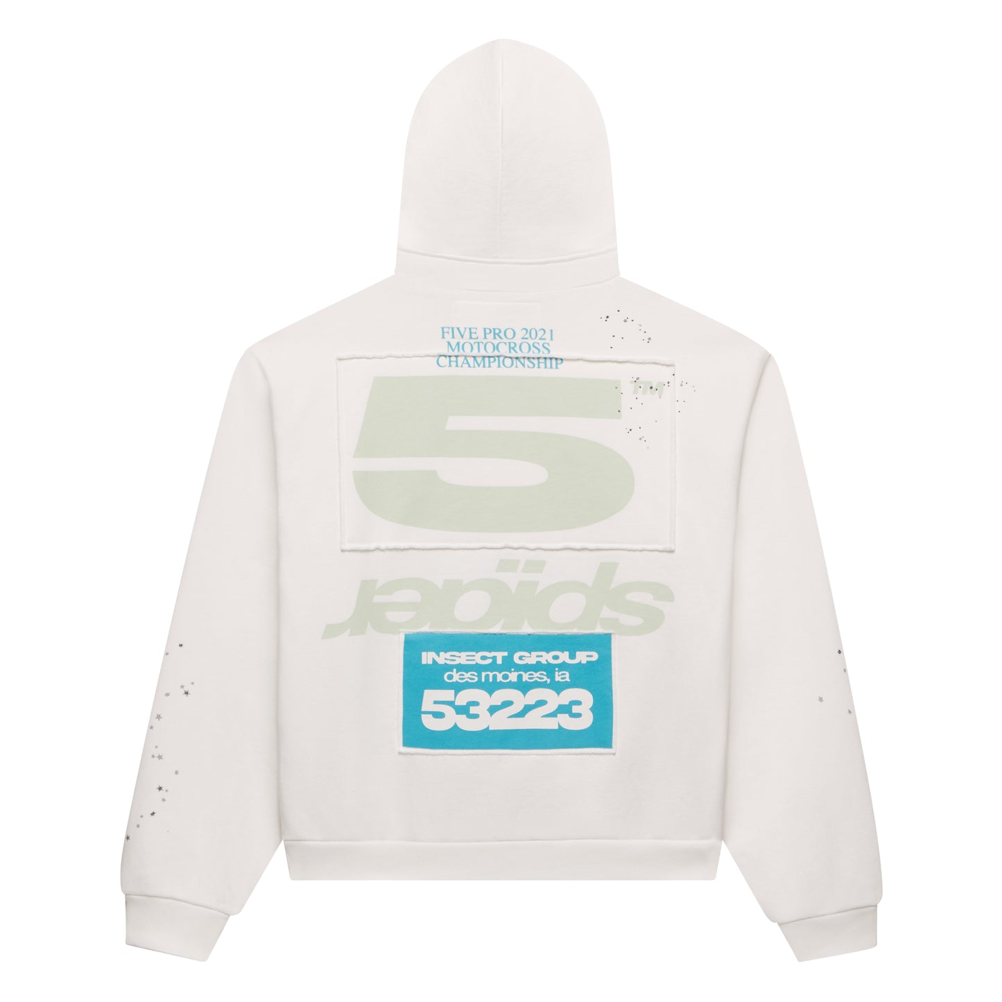 Off-white 13oz cotton fleece zip-up hoodie with "5" and "INSECT GROUP" puff prints, scattered stars.