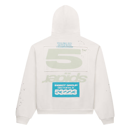 Off-white 13oz cotton fleece zip-up hoodie with "5" and "INSECT GROUP" puff prints, scattered stars.