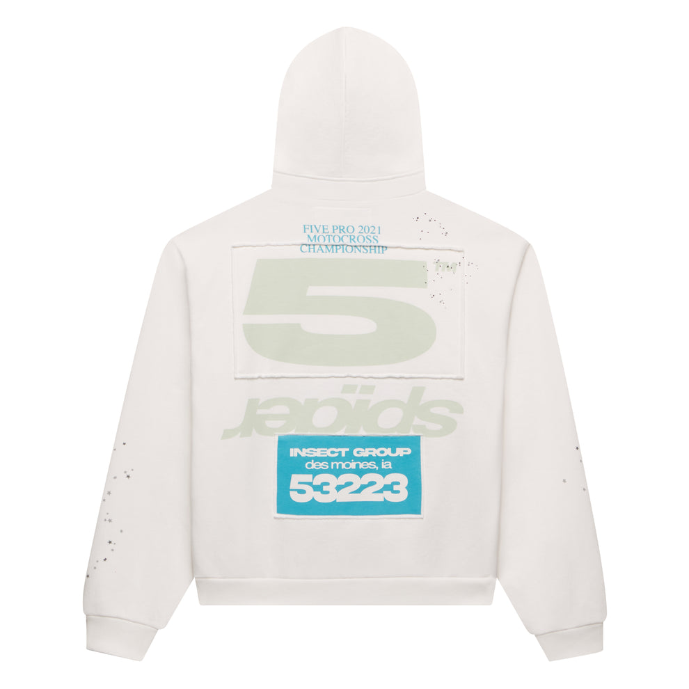 Off-white 13oz cotton fleece zip-up hoodie with "5" and "INSECT GROUP" puff prints, scattered stars.