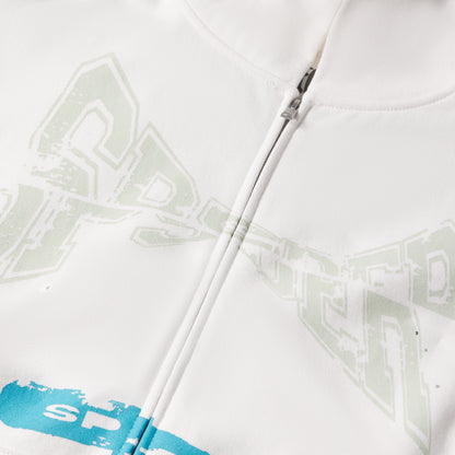White 13oz cotton fleece T&F zip-up with puff print, discharge print, and scattered stars.