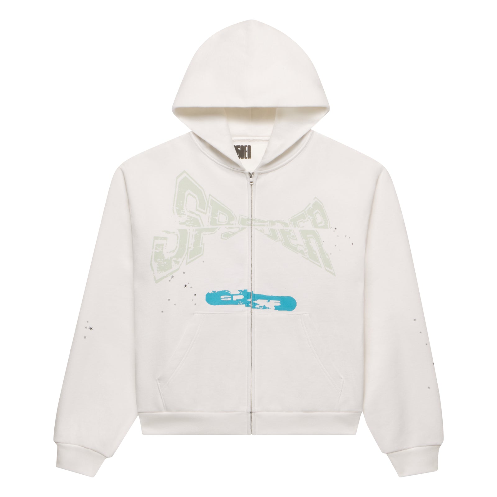 White 13oz cotton fleece zip-up hoodie with "T&F" puff print, blue graphic, and scattered stars.