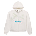 White 13oz cotton fleece zip-up hoodie with "T&F" puff print, blue graphic, and scattered stars.