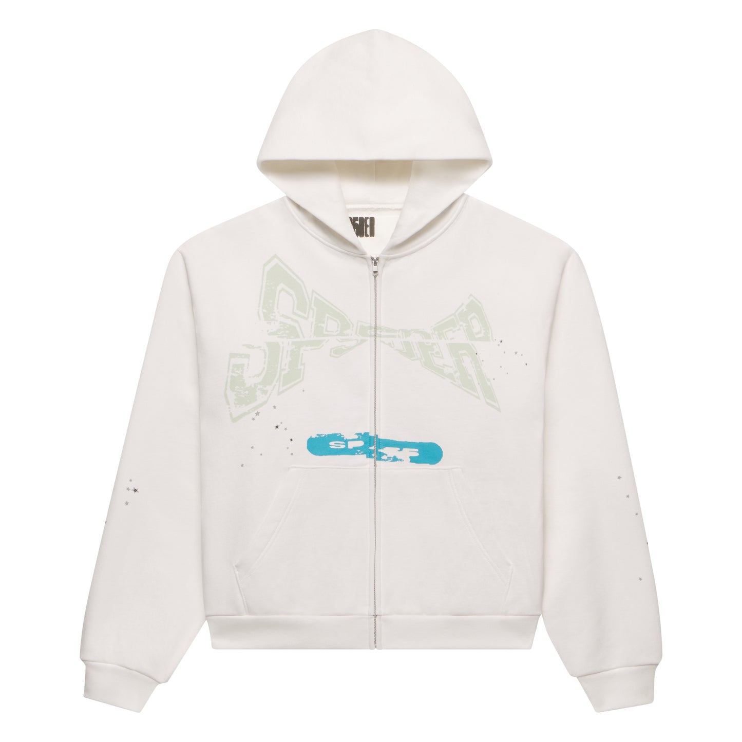 White 13oz cotton fleece zip-up hoodie with "T&F" puff print, blue graphic, and scattered stars.