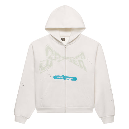 White 13oz cotton fleece zip-up hoodie with "T&F" puff print, blue graphic, and scattered stars.