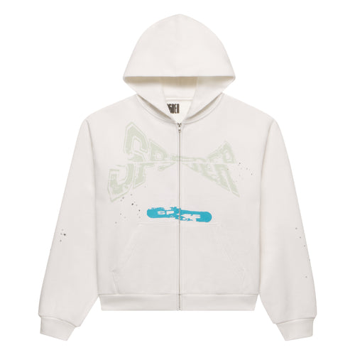 White 13oz cotton fleece zip-up hoodie with "T&F" puff print, blue graphic, and scattered stars.