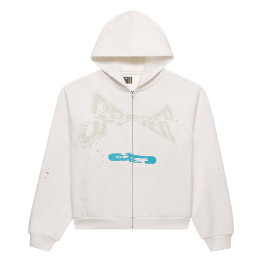 White 13oz cotton fleece zip-up hoodie with "T&F" puff print, blue graphic, and scattered stars.