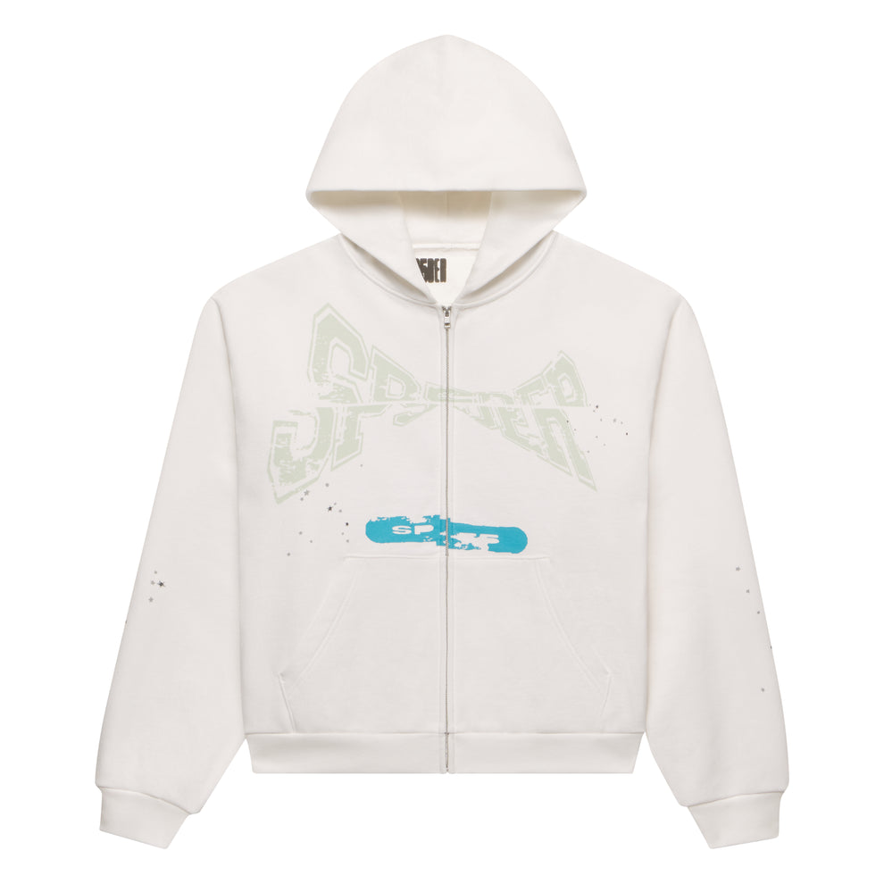 White 13oz cotton fleece zip-up hoodie with "T&F" puff print, blue graphic, and scattered stars.