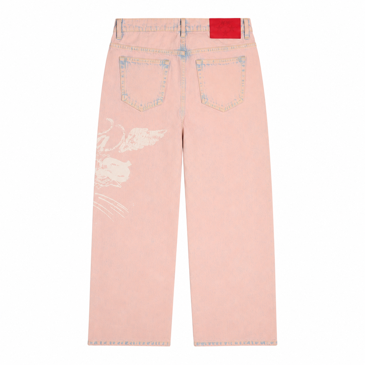 Pink straight-leg denim jeans featuring a white graphic print on the leg and a red branded leather back patch.