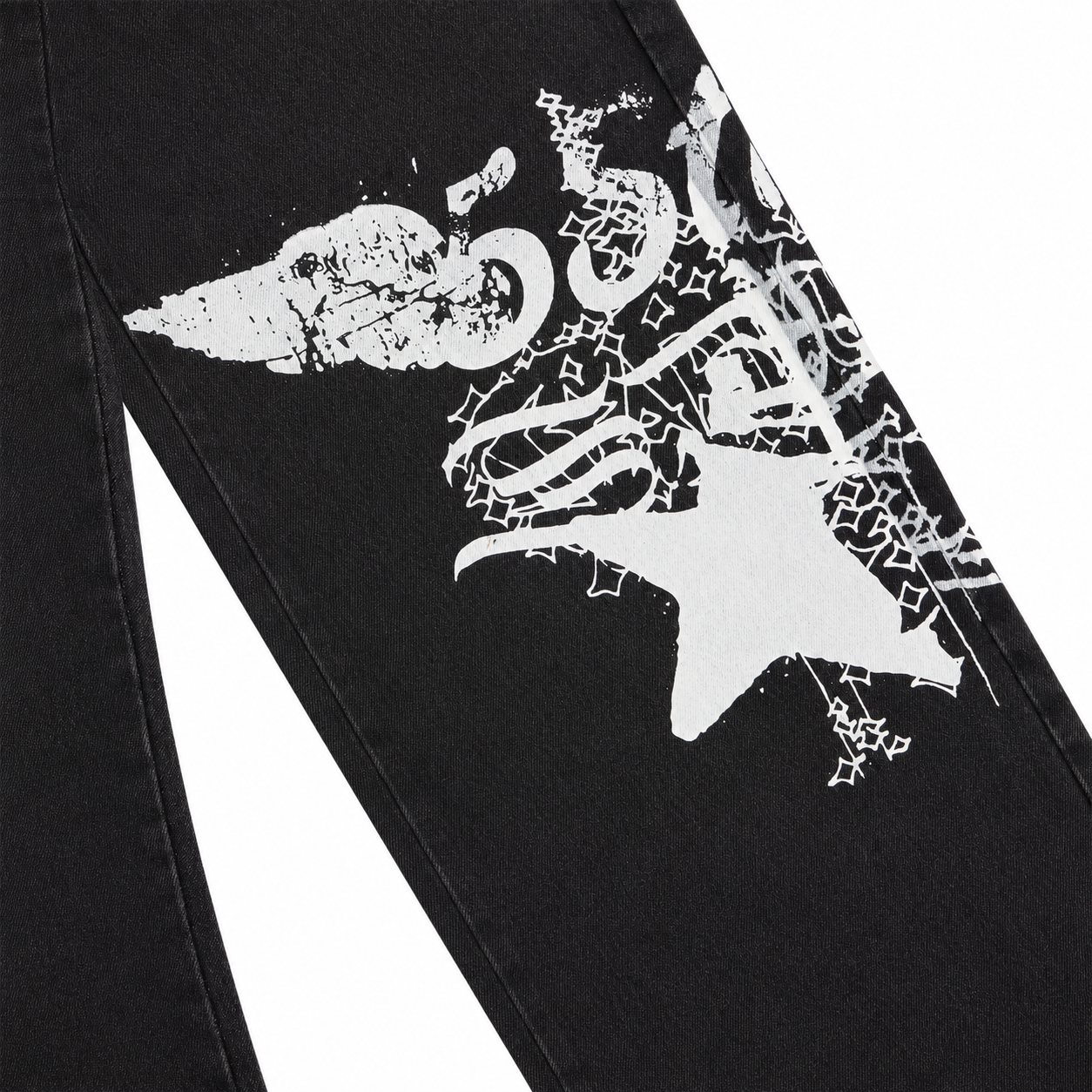 Black denim pants featuring a large, distressed white graphic print on the leg in a straight-leg fit.