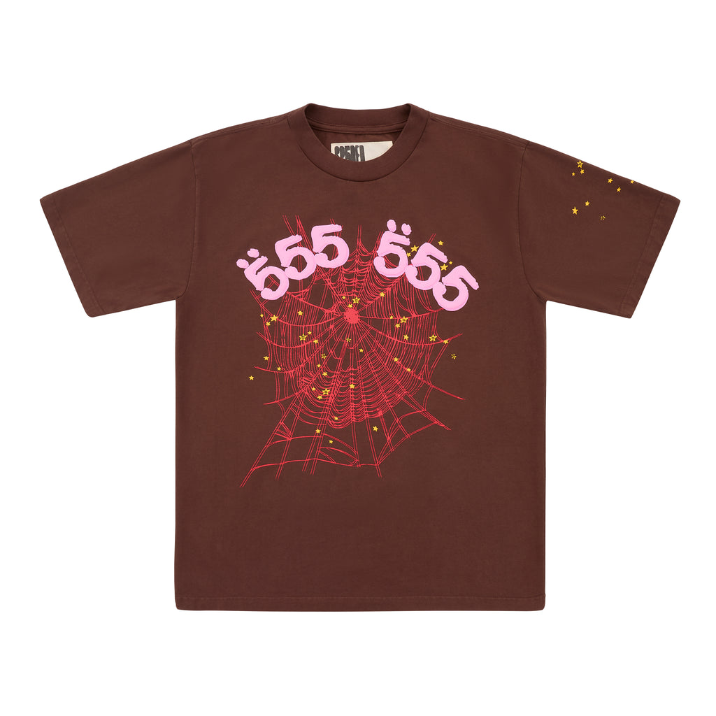 Brown cotton tee with pink '555' angel numbers, a red spider web, and gold stars.