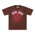 Brown cotton tee with pink '555' angel numbers, a red spider web, and gold stars.