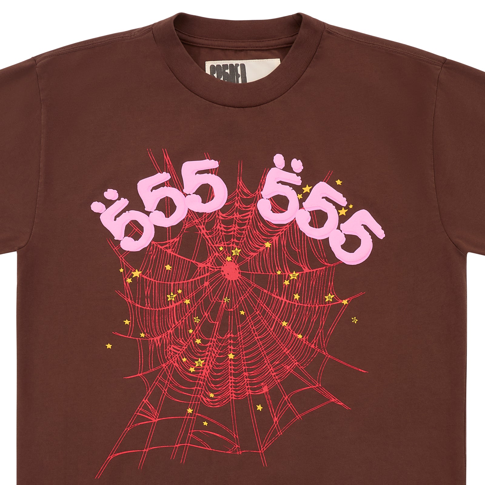 Brown cotton ANGEL NUMBER TEE with pink puff print '555' and red spider web with yellow stars.