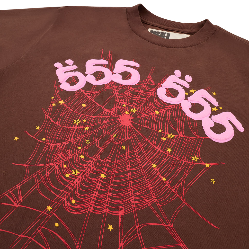 Brown cotton tee with pink "555" angel numbers and red spider web print with yellow stars.