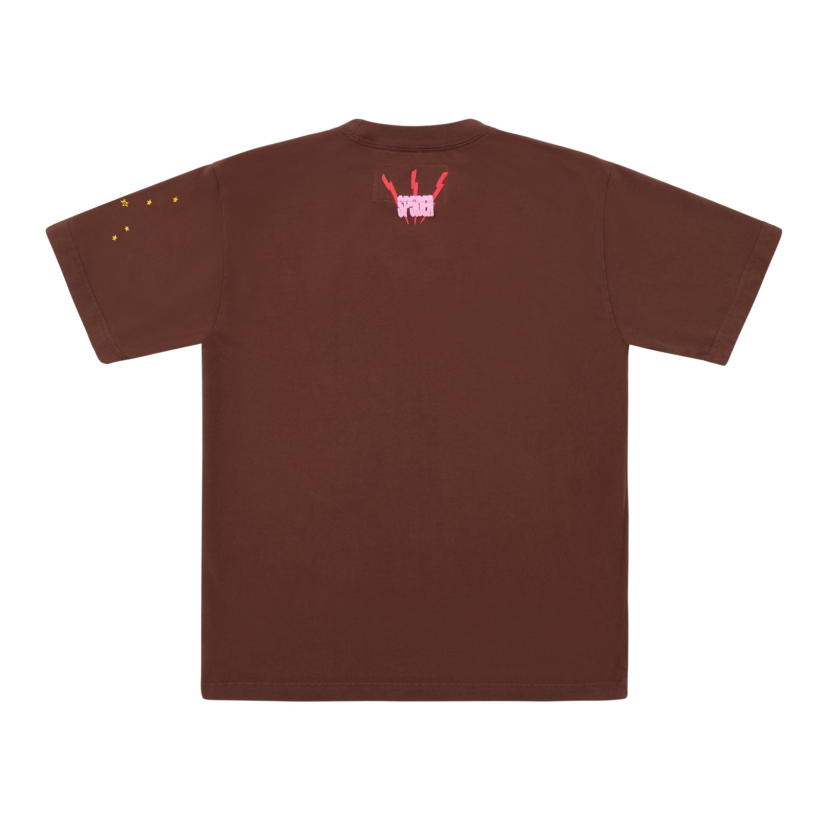 Brown cotton tee with red "SPIDER" logo on back neck and yellow stars on left sleeve.
