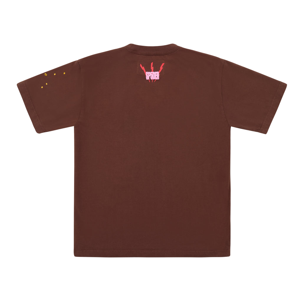 Brown cotton tee with red "SPIDER" logo on back neck and yellow stars on left sleeve.