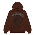 Brown cotton fleece hoodie with rhinestone "sp5der" text and black web print.