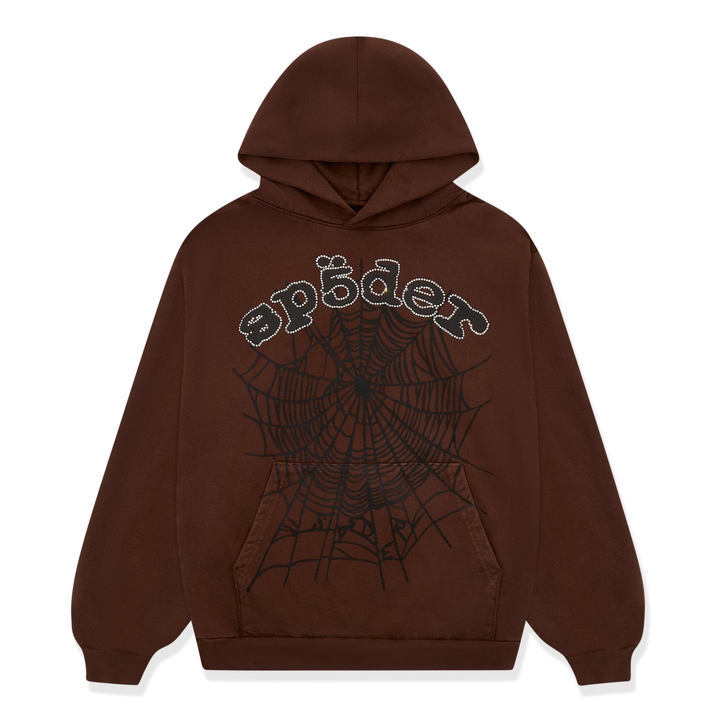 Brown cotton fleece hoodie with rhinestone "sp5der" text and black web print.
