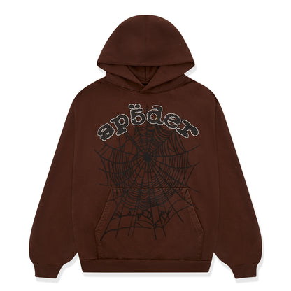 Brown cotton fleece hoodie with rhinestone "sp5der" text and black web print.