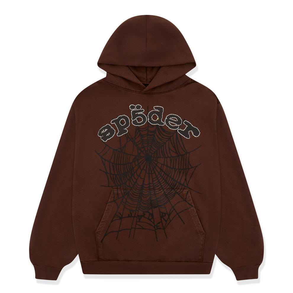 Brown cotton fleece hoodie with rhinestone "sp5der" text and black web print.