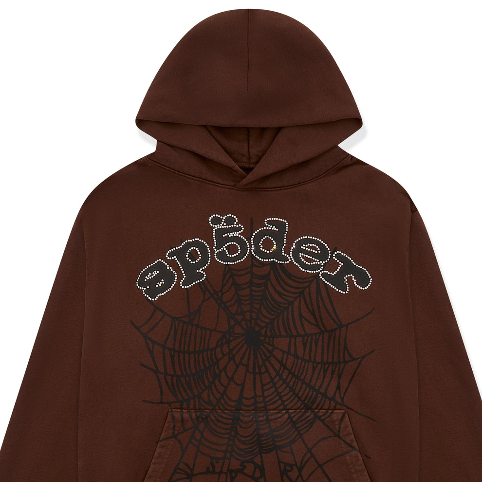 Brown cotton fleece hoodie with rhinestone "SP5DER" text and black spider web print.