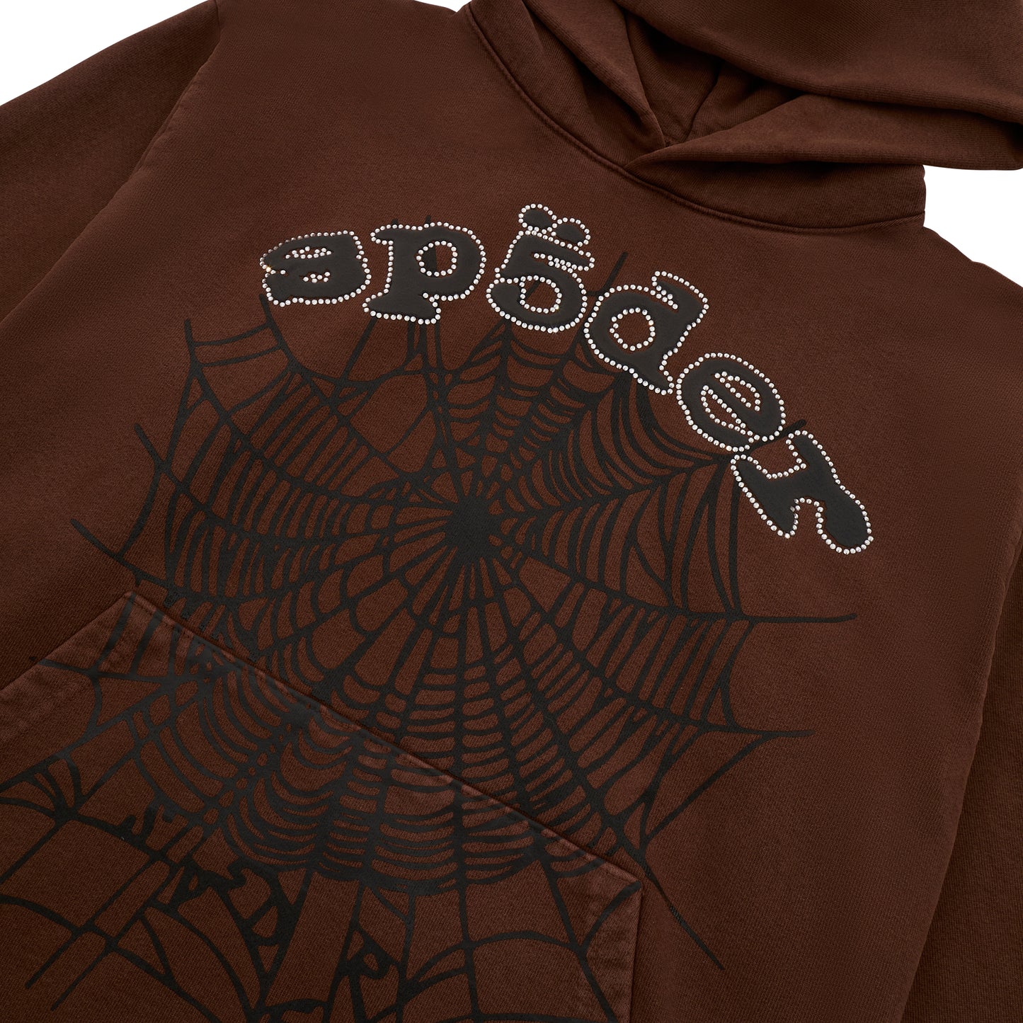 Brown cotton fleece hoodie with rhinestone "SP5DER" text and black web print.