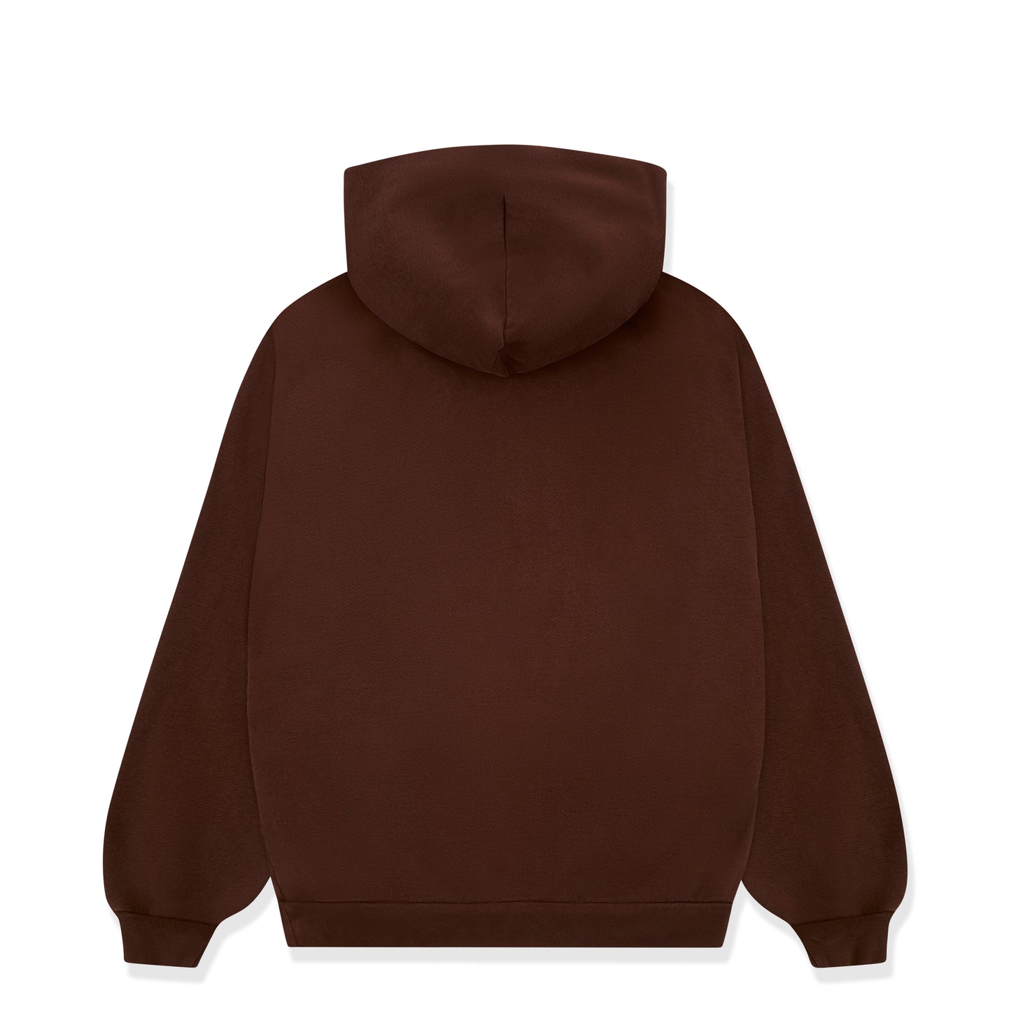 Back of a plain brown 13oz cotton fleece hoodie with rib knit hem and cuffs.