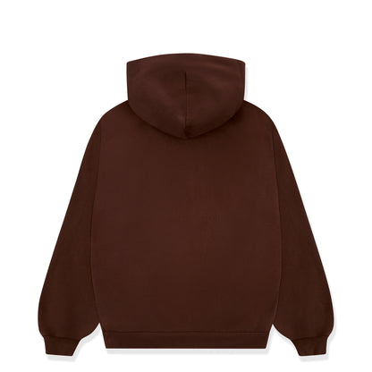 Back of a plain brown 13oz cotton fleece hoodie with rib knit hem and cuffs.