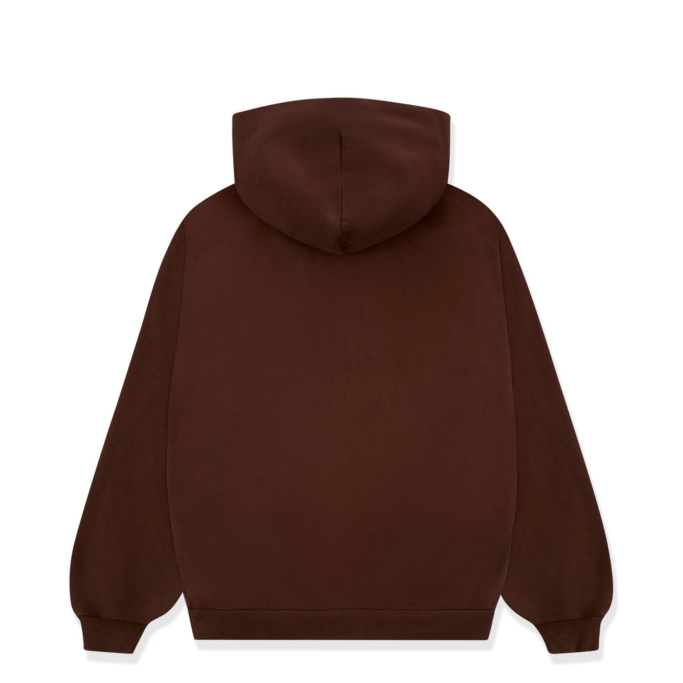 Back of a plain brown 13oz cotton fleece hoodie with rib knit hem and cuffs.