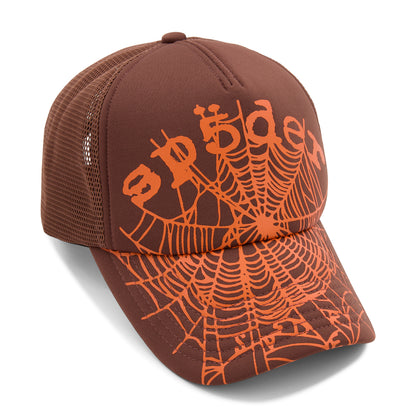 Brown OG WEB V2 trucker hat with orange spider web print, curved brim, and mesh back.