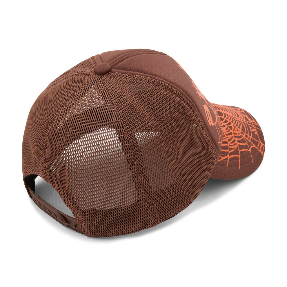 Brown OG WEB V2 trucker hat with orange spiderweb print, curved brim, and adjustable snapback.