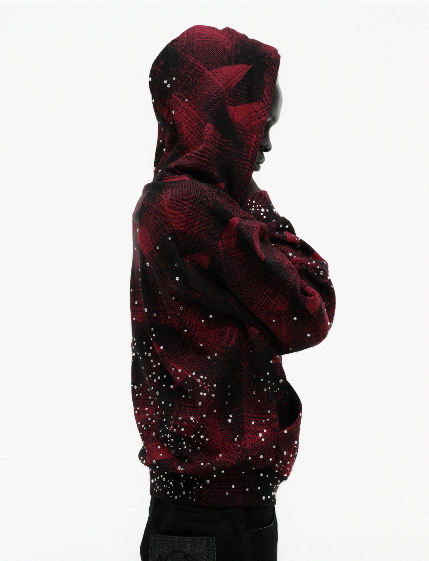 BLACK STAR PLAID FULL ZIP HOODIE ON MODEL
