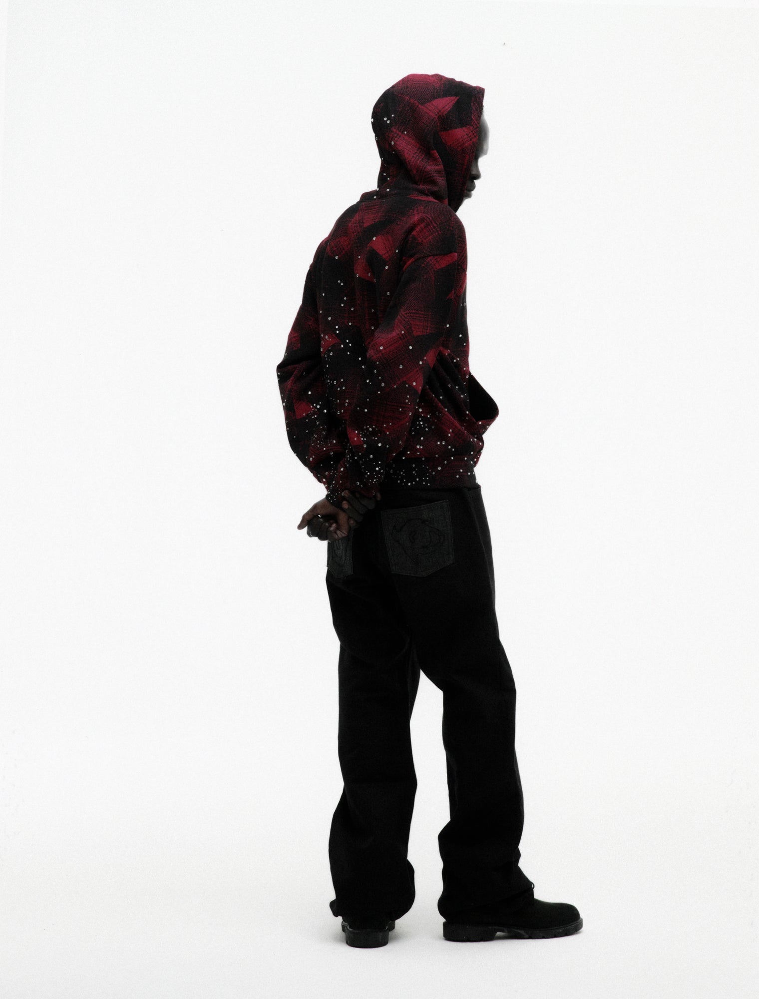 BLACK STAR PLAID FULL ZIP HOODIE ON MODEL