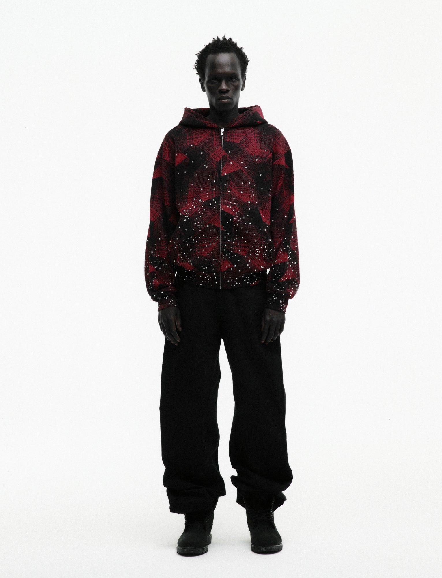 BLACK STAR PLAID FULL ZIP HOODIE ON MODEL