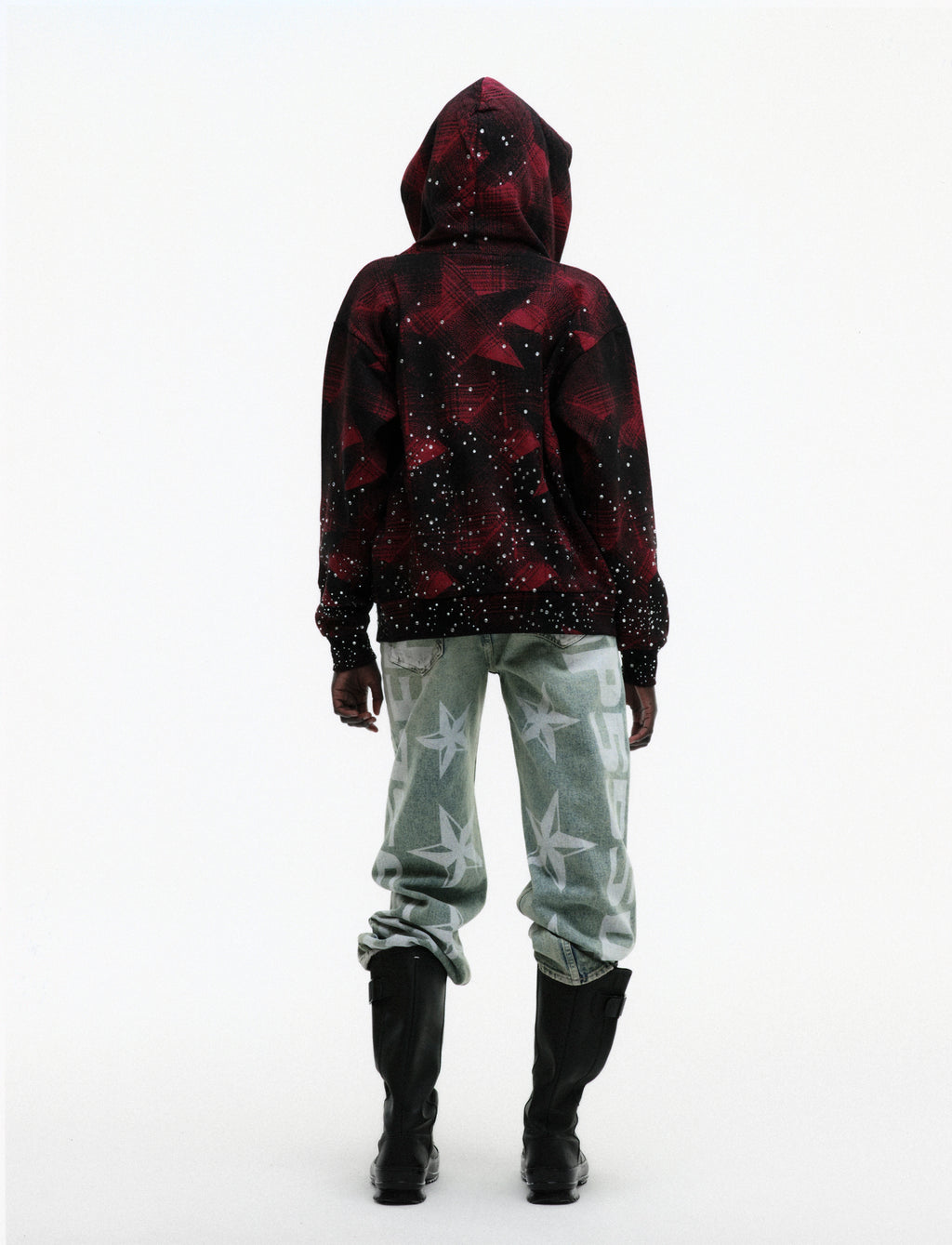 BLACK STAR PLAID FULL ZIP HOODIE ON MODEL
