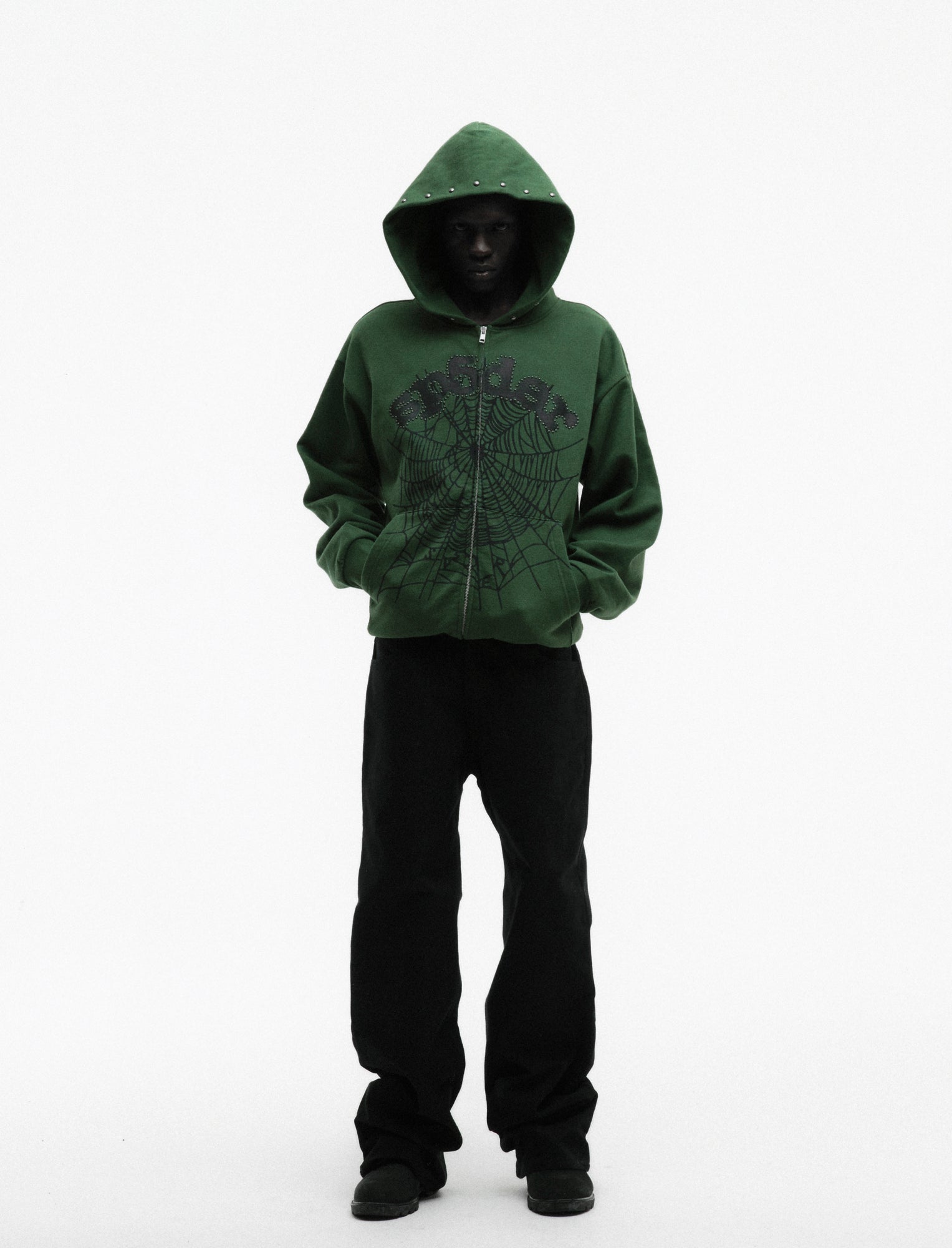 GREEN OG WEB STUDDED ZIP HOODIE ON MODEL