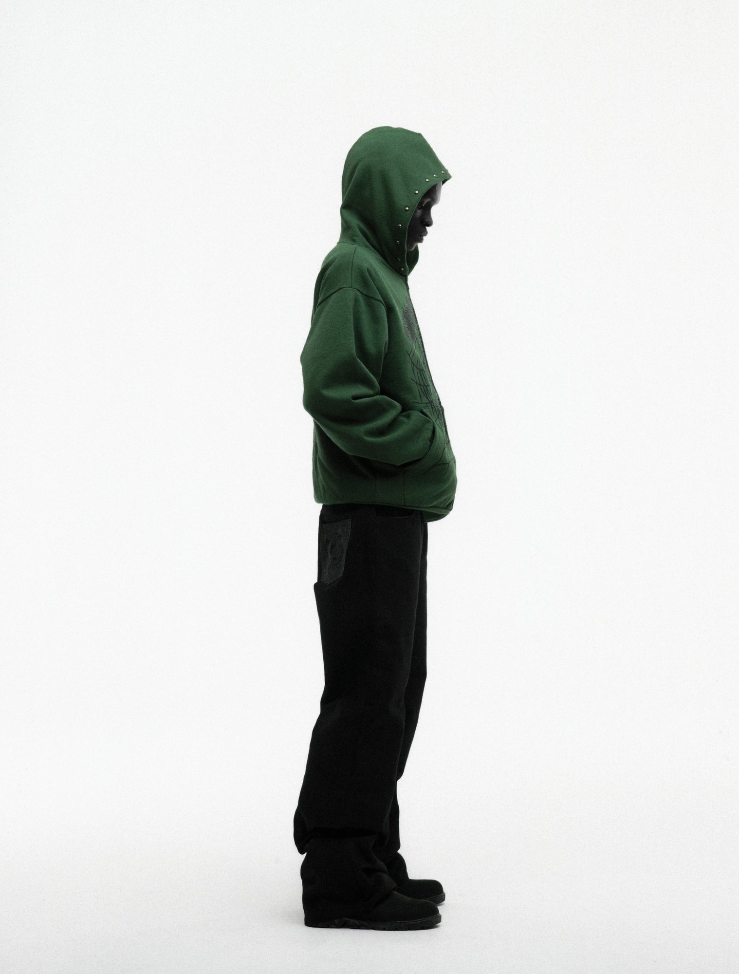 GREEN OG WEB STUDDED ZIP HOODIE ON MODEL