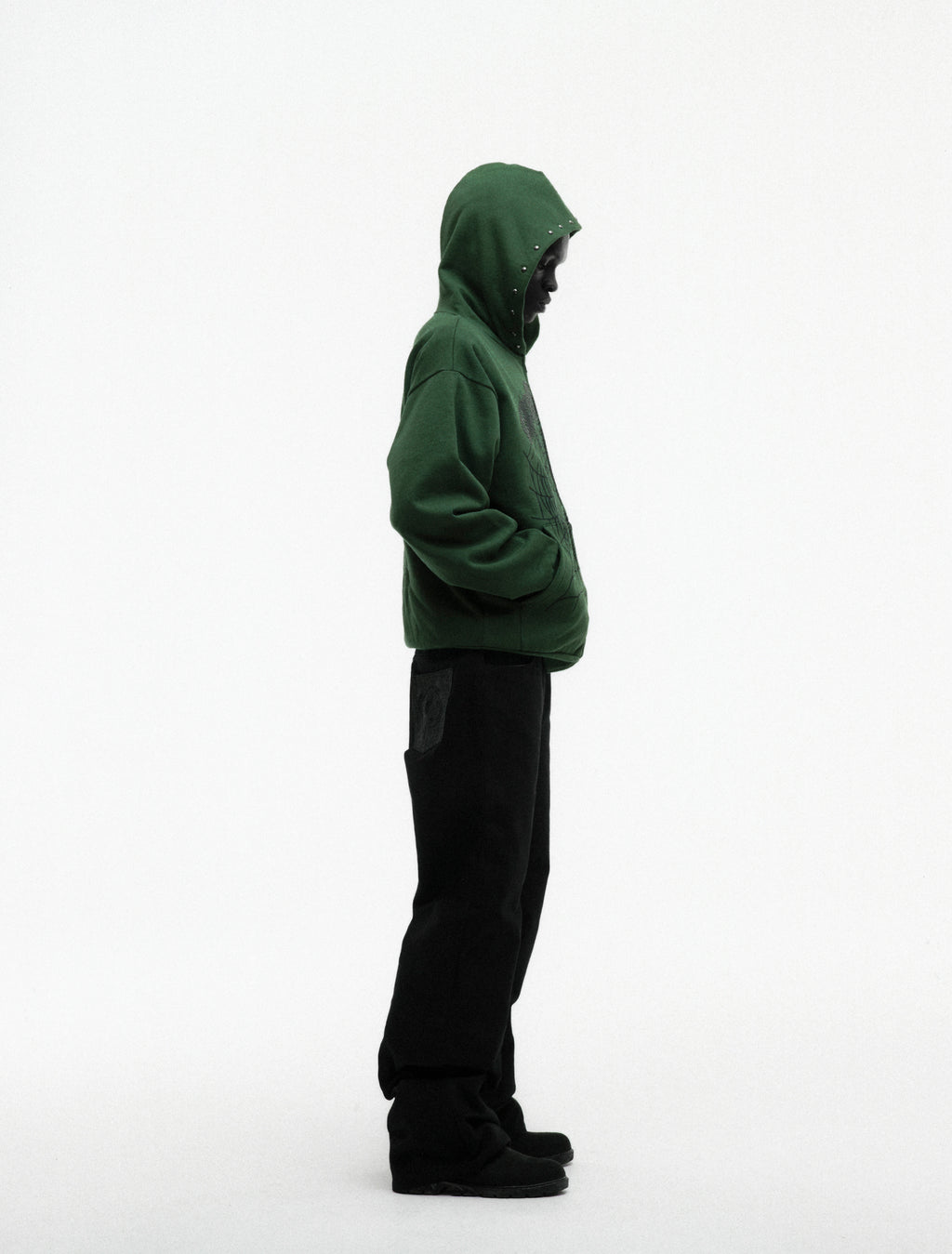 GREEN OG WEB STUDDED ZIP HOODIE ON MODEL