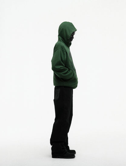 GREEN OG WEB STUDDED ZIP HOODIE ON MODEL